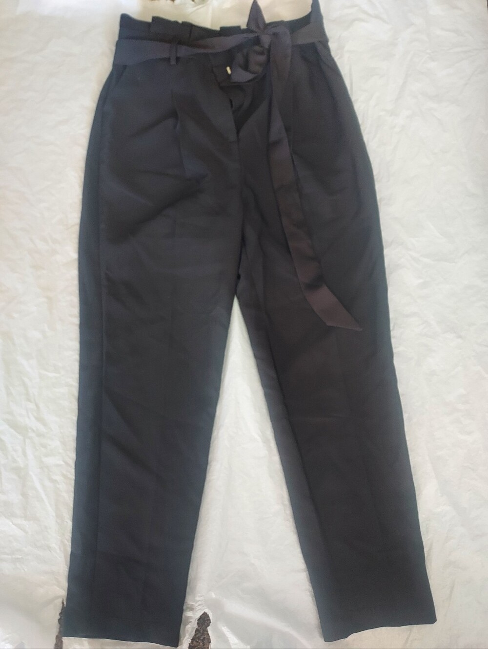 Paperbag Waist Black Women's Trousers with Tie Belt